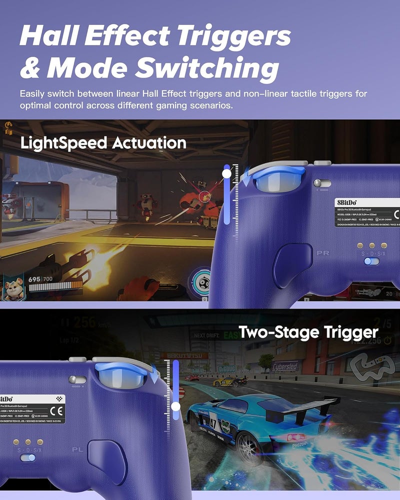 8Bitdo وحدة تحكم بلوتوث برو 3 مع عصي تحكم TMR، أزرار ABXY قابلة للتبديل، أزرار خلفية برو، قاعدة شحن، مشغلات تأثير هول لجهاز سويتش/سويتش 2، ويندوز، أبل، ستيم أو إس، أندرويد (أرجواني) - Image 3